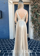 Eudora |Long Gold Prom Dress Metallic With A Line V Neck Plunging Pleated - Gold - PromDressClub